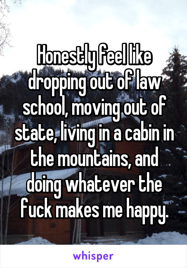 Honestly feel like dropping out of law school, moving out of state, living in a cabin in the mountains, and doing whatever the fuck makes me happy.