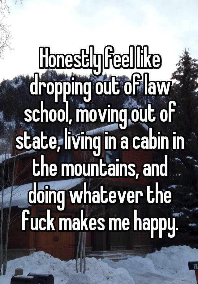 Honestly feel like dropping out of law school, moving out of state, living in a cabin in the mountains, and doing whatever the fuck makes me happy.