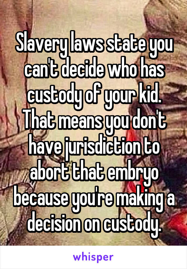 Slavery laws state you can't decide who has custody of your kid. That means you don't have jurisdiction to abort that embryo because you're making a decision on custody.