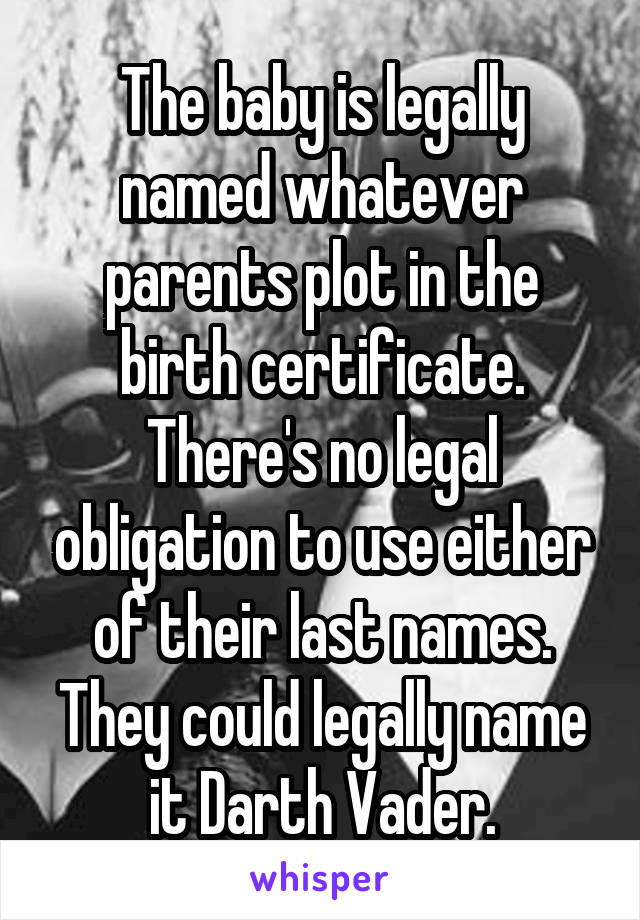 The baby is legally named whatever parents plot in the birth certificate. There's no legal obligation to use either of their last names.
They could legally name it Darth Vader.