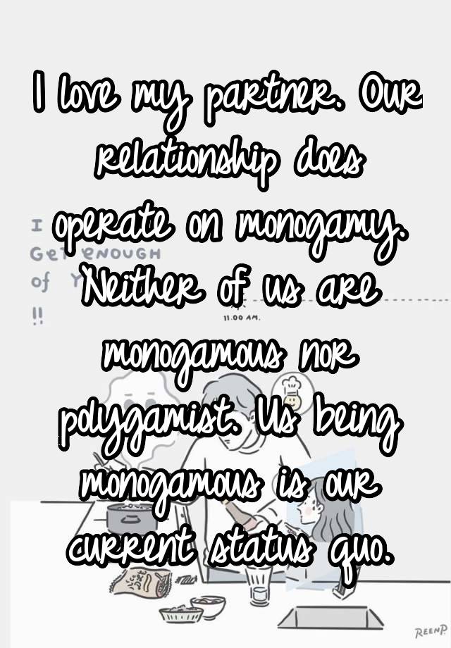 I love my partner. Our relationship does operate on monogamy. Neither of us are monogamous nor polygamist. Us being monogamous is our current status quo.