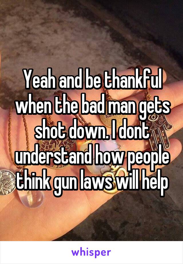 Yeah and be thankful when the bad man gets shot down. I dont understand how people think gun laws will help