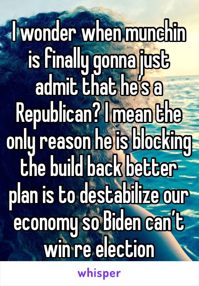 I wonder when munchin is finally gonna just admit that he’s a Republican? I mean the only reason he is blocking the build back better plan is to destabilize our economy so Biden can’t win re election