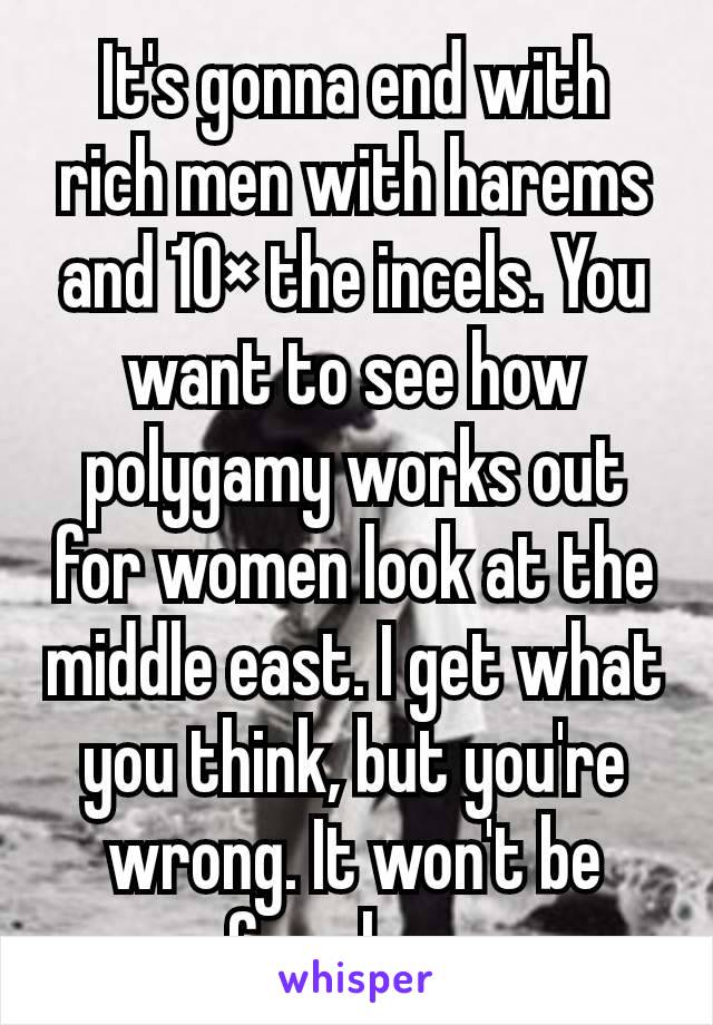 It's gonna end with rich men with harems and 10× the incels. You want to see how polygamy works out for women look at the middle east. I get what you think, but you're wrong. It won't be free love.