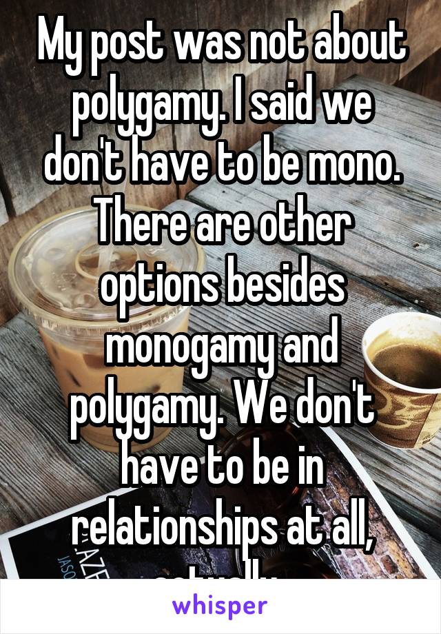 My post was not about polygamy. I said we don't have to be mono. There are other options besides monogamy and polygamy. We don't have to be in relationships at all, actually. 