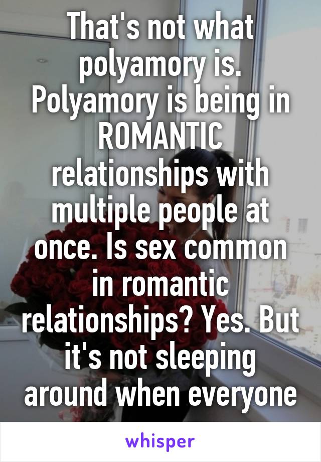 That's not what polyamory is. Polyamory is being in ROMANTIC relationships with multiple people at once. Is sex common in romantic relationships? Yes. But it's not sleeping around when everyone agrees