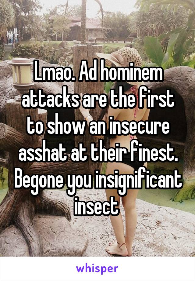 Lmao. Ad hominem attacks are the first to show an insecure asshat at their finest. Begone you insignificant insect 