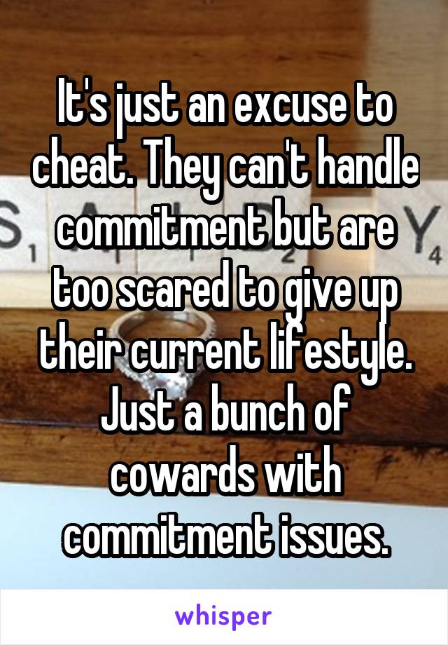 It's just an excuse to cheat. They can't handle commitment but are too scared to give up their current lifestyle. Just a bunch of cowards with commitment issues.