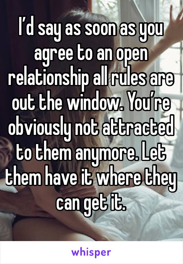 I’d say as soon as you agree to an open relationship all rules are out the window. You’re obviously not attracted to them anymore. Let them have it where they can get it. 