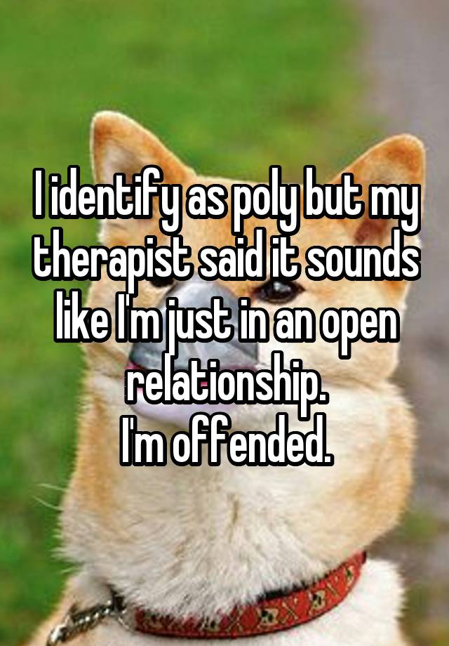 I identify as poly but my therapist said it sounds like I'm just in an open relationship.
I'm offended.