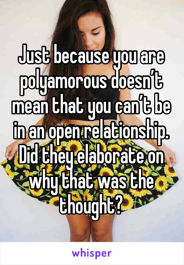 Just because you are polyamorous doesn’t mean that you can’t be in an open relationship. Did they elaborate on why that was the thought?