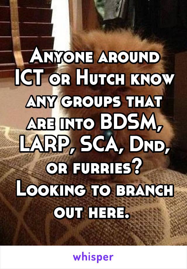 Anyone around ICT or Hutch know any groups that are into BDSM, LARP, SCA, Dnd, or furries? Looking to branch out here. 