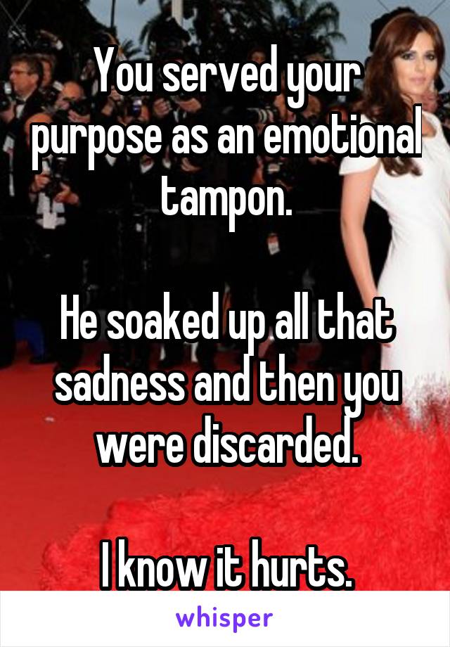 You served your purpose as an emotional tampon.

He soaked up all that sadness and then you were discarded.

I know it hurts.