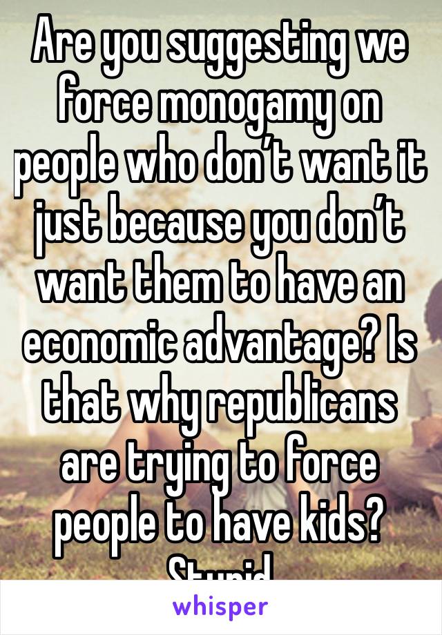 Are you suggesting we force monogamy on people who don’t want it just because you don’t want them to have an economic advantage? Is that why republicans are trying to force people to have kids? Stupid