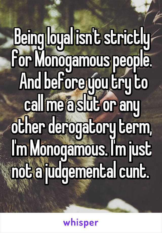 Being loyal isn't strictly for Monogamous people.  And before you try to call me a slut or any other derogatory term, I'm Monogamous. I'm just not a judgemental cunt.  