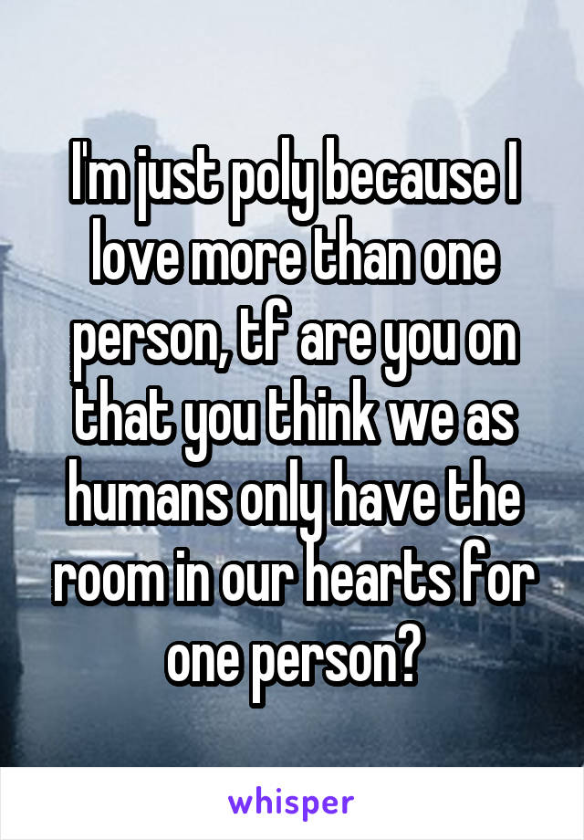 I'm just poly because I love more than one person, tf are you on that you think we as humans only have the room in our hearts for one person?