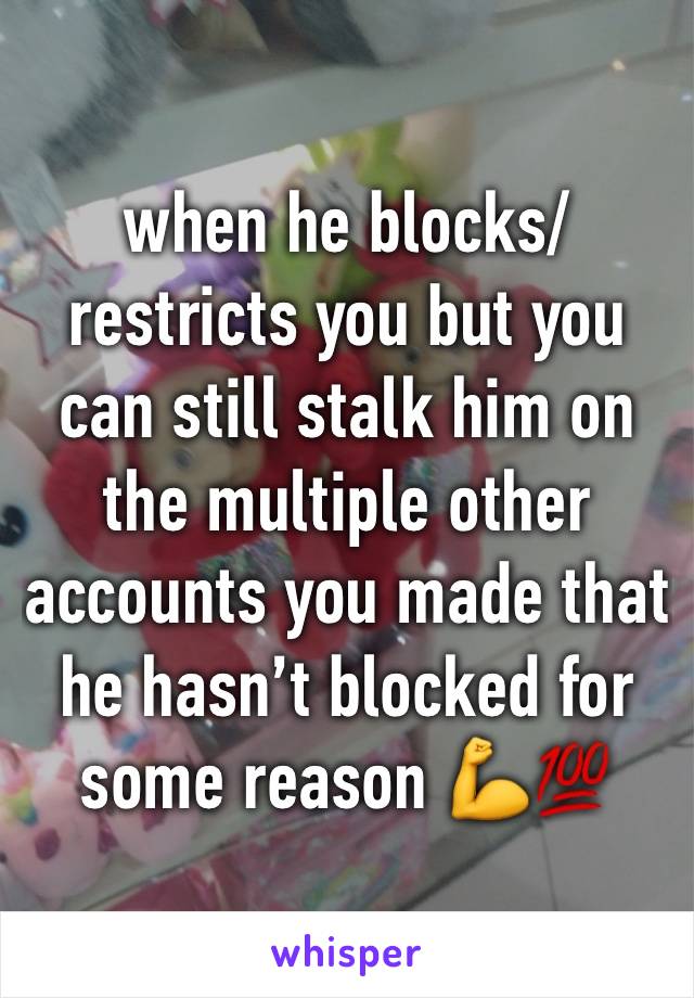 when he blocks/restricts you but you can still stalk him on the multiple other accounts you made that he hasn’t blocked for some reason 💪💯