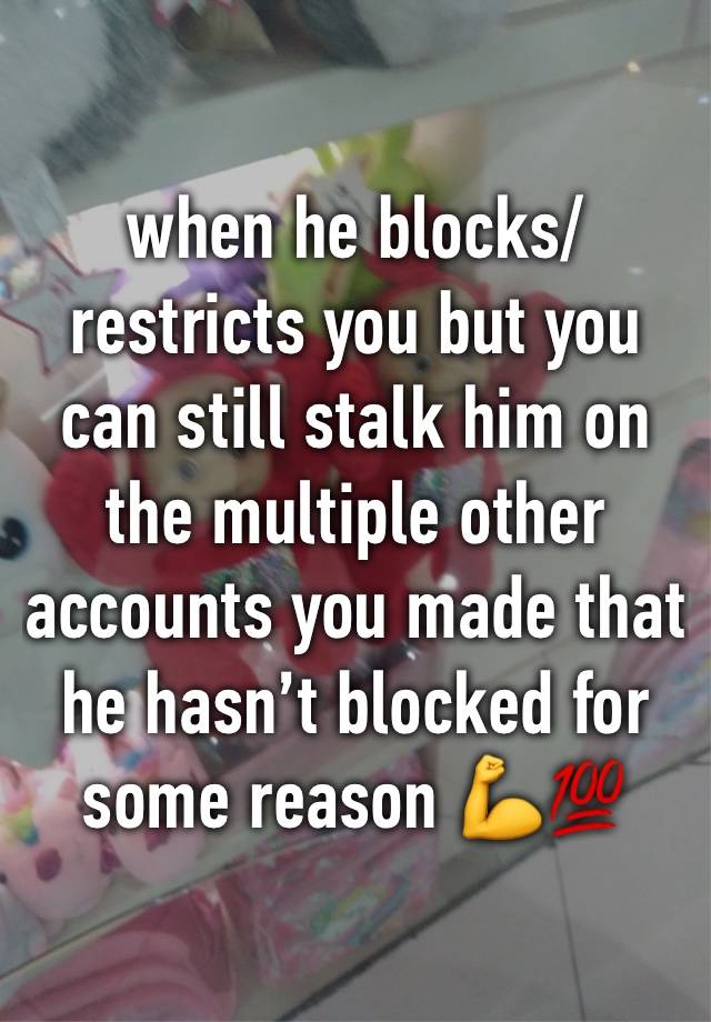 when he blocks/restricts you but you can still stalk him on the multiple other accounts you made that he hasn’t blocked for some reason 💪💯