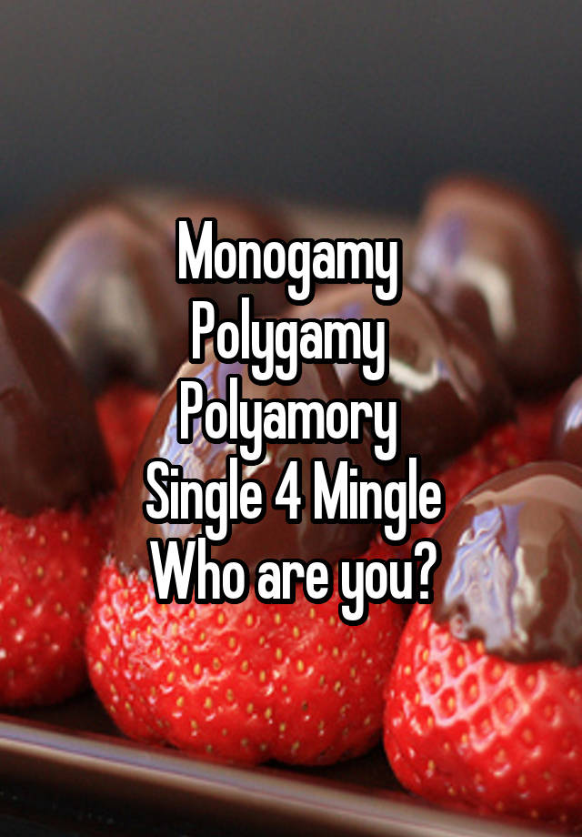 Monogamy 
Polygamy 
Polyamory 
Single 4 Mingle
Who are you?