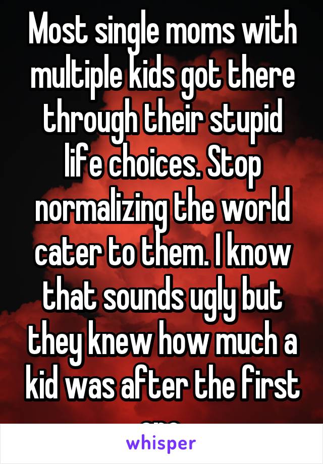 Most single moms with multiple kids got there through their stupid life choices. Stop normalizing the world cater to them. I know that sounds ugly but they knew how much a kid was after the first one.