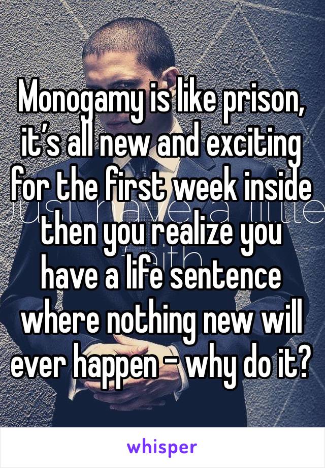 Monogamy is like prison, it’s all new and exciting for the first week inside then you realize you have a life sentence where nothing new will ever happen - why do it?