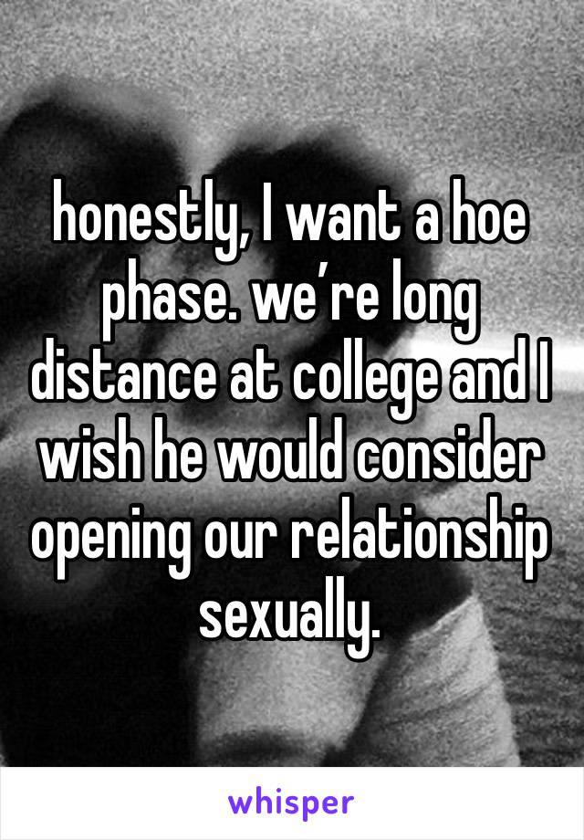 honestly, I want a hoe phase. we’re long distance at college and I wish he would consider opening our relationship sexually.