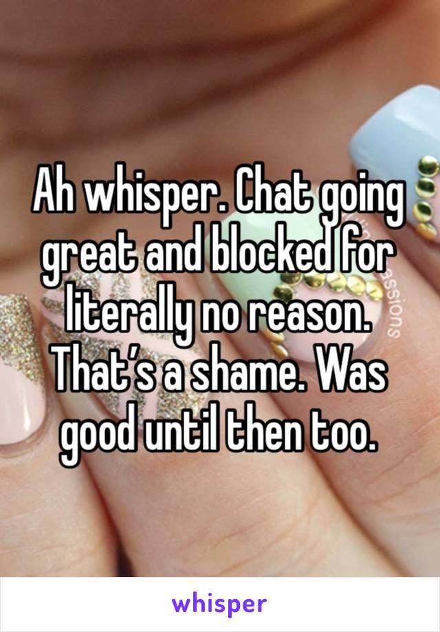 Ah whisper. Chat going great and blocked for literally no reason. That’s a shame. Was good until then too. 