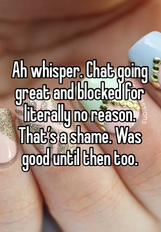 Ah whisper. Chat going great and blocked for literally no reason. That’s a shame. Was good until then too. 