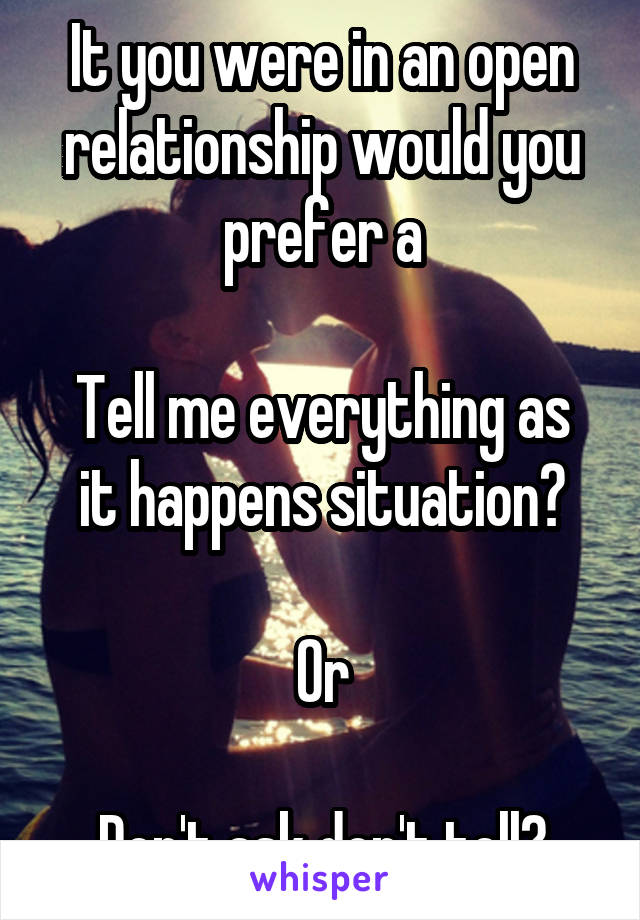 It you were in an open relationship would you prefer a

Tell me everything as it happens situation?

Or

Don't ask don't tell?