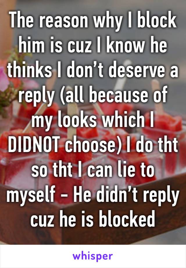 The reason why I block him is cuz I know he thinks I don’t deserve a reply (all because of my looks which I DIDNOT choose) I do tht so tht I can lie to myself - He didn’t reply cuz he is blocked