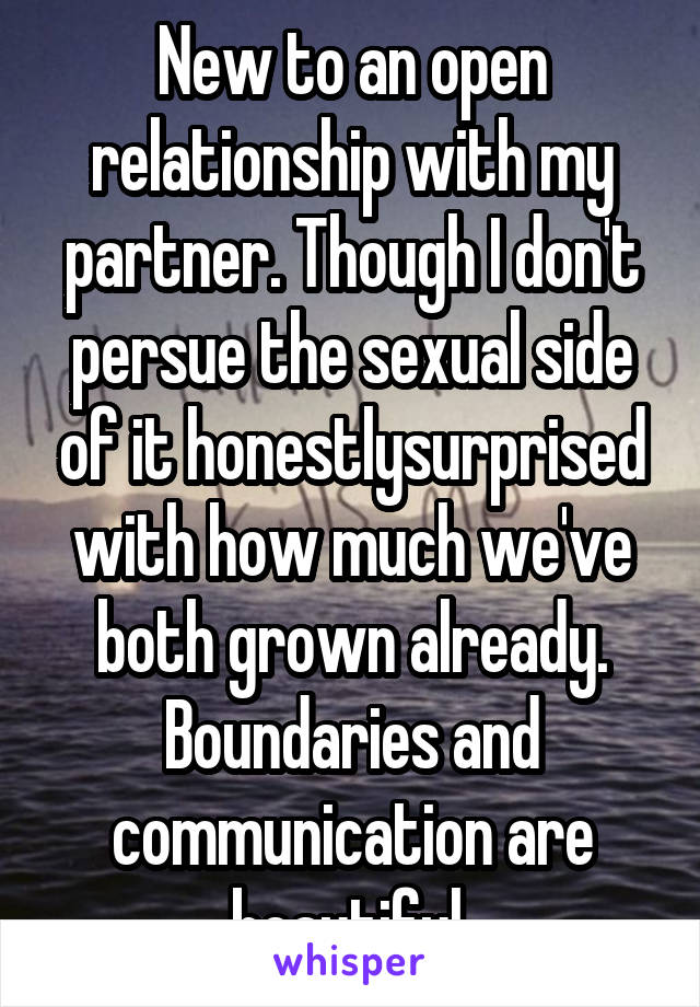 New to an open relationship with my partner. Though I don't persue the sexual side of it honestlysurprised with how much we've both grown already. Boundaries and communication are beautiful 