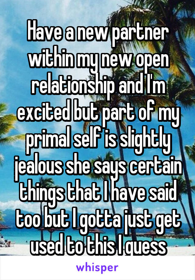 Have a new partner within my new open relationship and I'm excited but part of my primal self is slightly jealous she says certain things that I have said too but I gotta just get used to this I guess