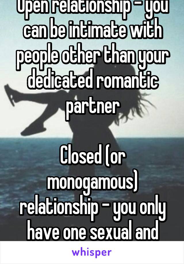 Open relationship - you can be intimate with people other than your dedicated romantic partner

Closed (or monogamous) relationship - you only have one sexual and romantic partner 