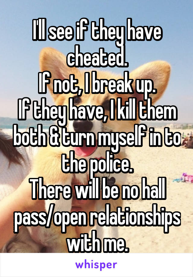 I'll see if they have cheated.
If not, I break up.
If they have, I kill them both & turn myself in to the police.
There will be no hall pass/open relationships with me.