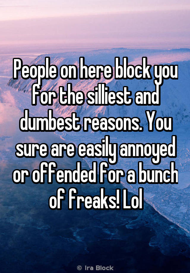 People on here block you for the silliest and dumbest reasons. You sure are easily annoyed or offended for a bunch of freaks! Lol