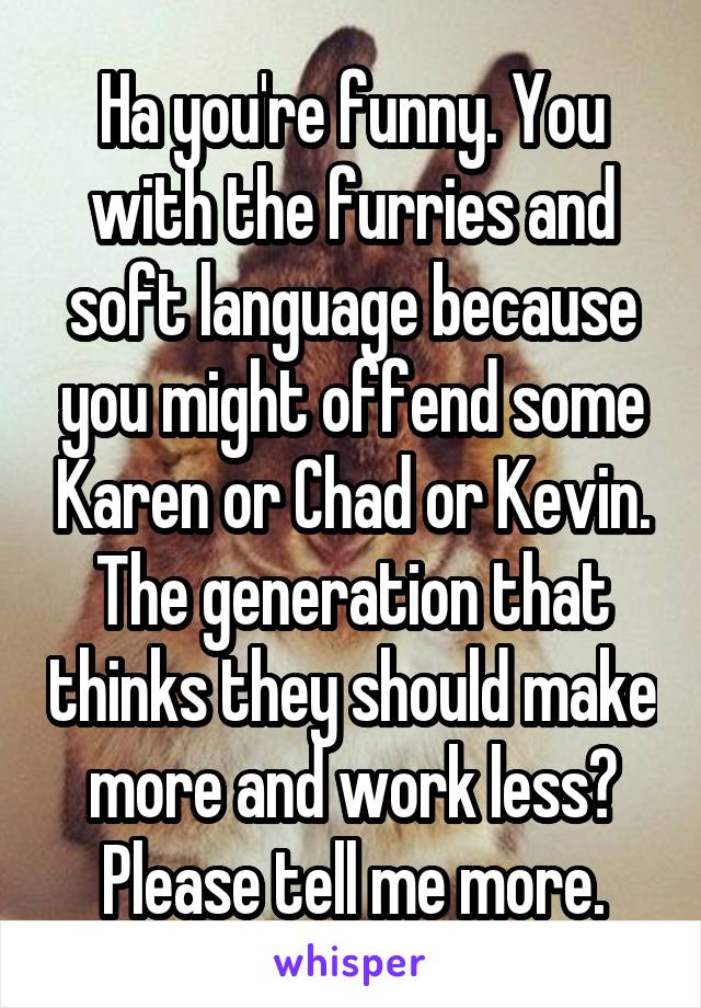 Ha you're funny. You with the furries and soft language because you might offend some Karen or Chad or Kevin. The generation that thinks they should make more and work less? Please tell me more.