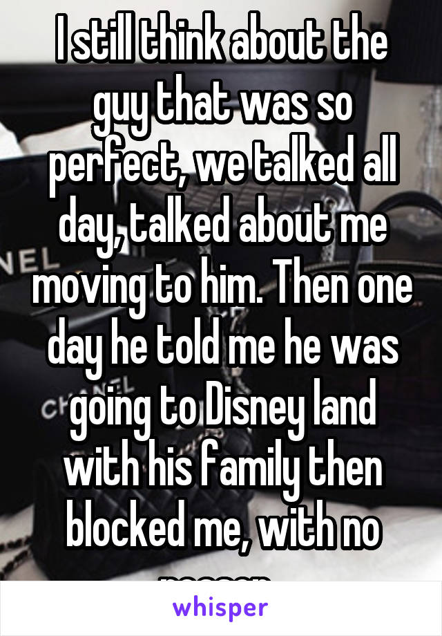 I still think about the guy that was so perfect, we talked all day, talked about me moving to him. Then one day he told me he was going to Disney land with his family then blocked me, with no reason. 