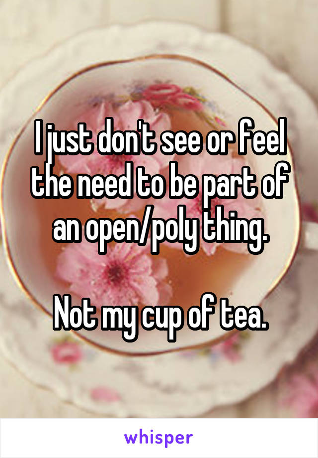 I just don't see or feel the need to be part of an open/poly thing.

Not my cup of tea.