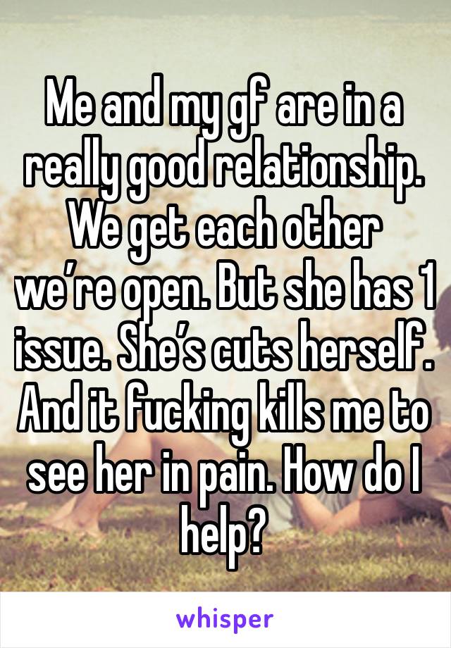 Me and my gf are in a really good relationship. We get each other we’re open. But she has 1 issue. She’s cuts herself. And it fucking kills me to see her in pain. How do I help? 