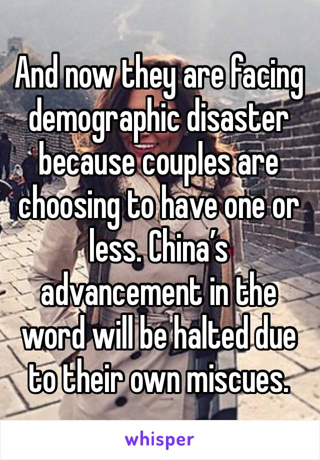 And now they are facing demographic disaster because couples are choosing to have one or less. China’s advancement in the word will be halted due to their own miscues.