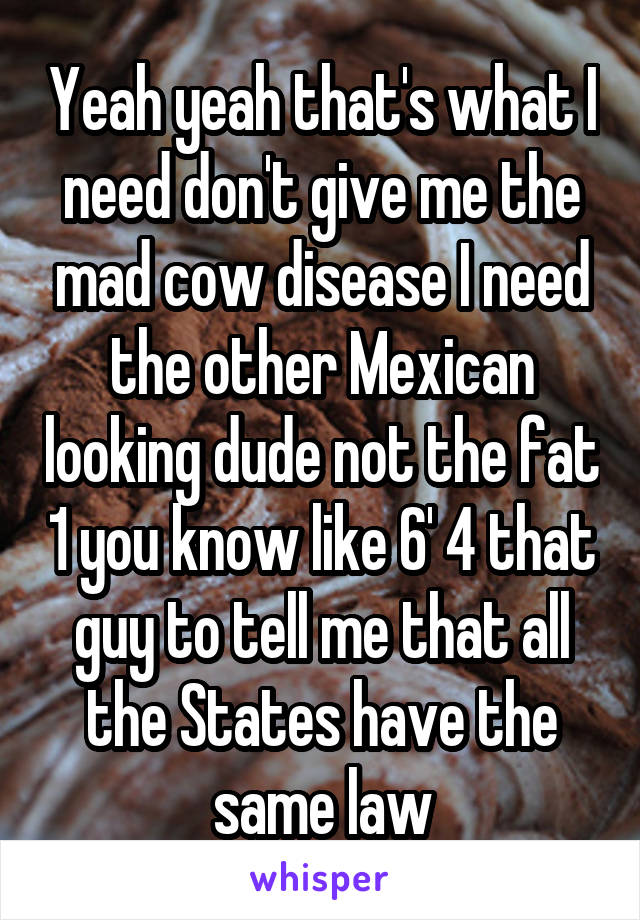 Yeah yeah that's what I need don't give me the mad cow disease I need the other Mexican looking dude not the fat 1 you know like 6' 4 that guy to tell me that all the States have the same law