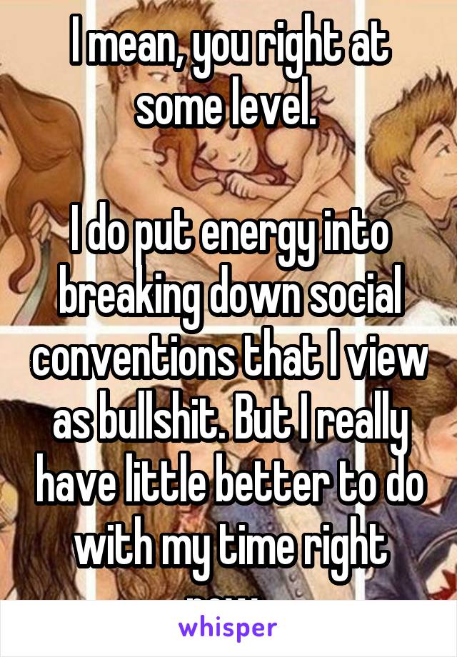 I mean, you right at some level. 

I do put energy into breaking down social conventions that I view as bullshit. But I really have little better to do with my time right now. 