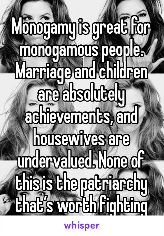 Monogamy is great for monogamous people. Marriage and children are absolutely achievements, and housewives are undervalued. None of this is the patriarchy that’s worth fighting 