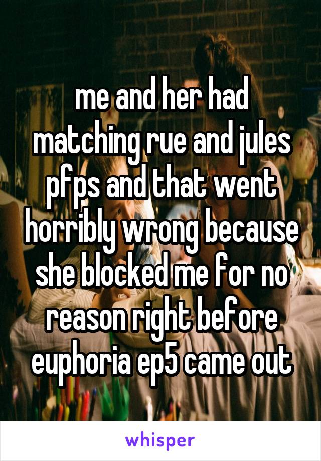 me and her had matching rue and jules pfps and that went horribly wrong because she blocked me for no reason right before euphoria ep5 came out