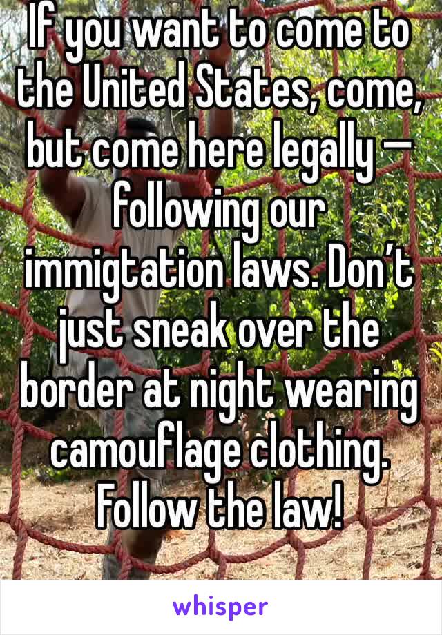 If you want to come to the United States, come, but come here legally — following our immigtation laws. Don’t just sneak over the border at night wearing camouflage clothing. Follow the law!