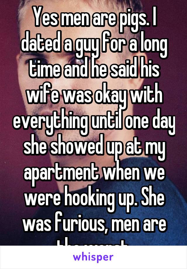 Yes men are pigs. I dated a guy for a long time and he said his wife was okay with everything until one day she showed up at my apartment when we were hooking up. She was furious, men are the worst.