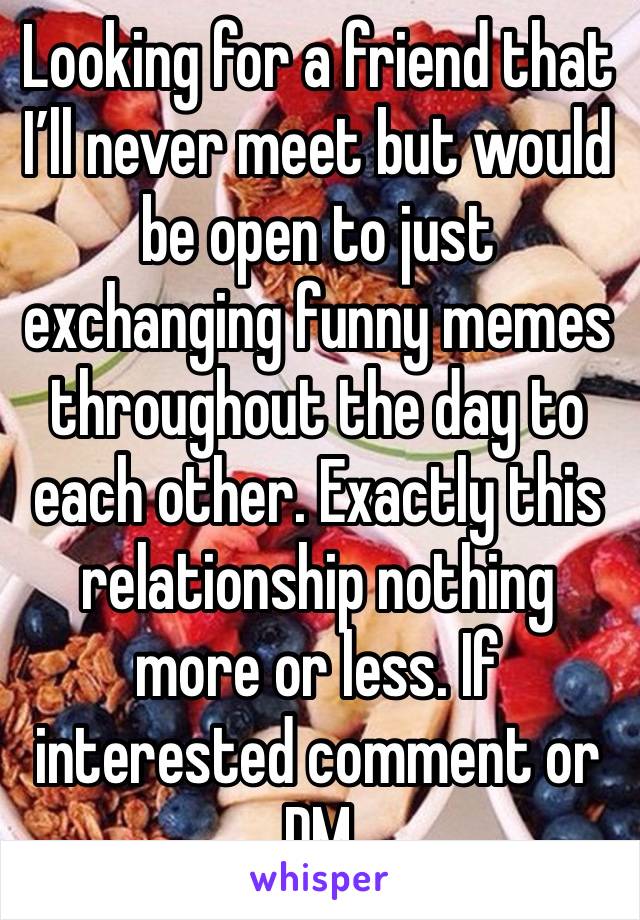 Looking for a friend that I’ll never meet but would be open to just exchanging funny memes throughout the day to each other. Exactly this relationship nothing more or less. If interested comment or DM