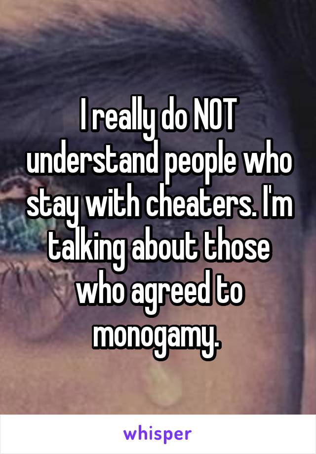 I really do NOT understand people who stay with cheaters. I'm talking about those who agreed to monogamy. 