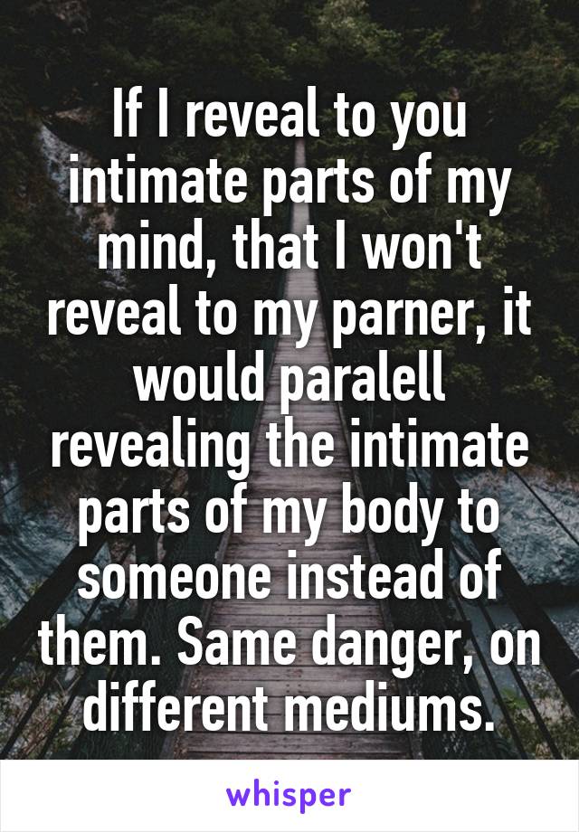 If I reveal to you intimate parts of my mind, that I won't reveal to my parner, it would paralell revealing the intimate parts of my body to someone instead of them. Same danger, on different mediums.