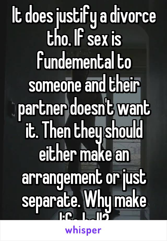 It does justify a divorce tho. If sex is fundemental to someone and their partner doesn't want it. Then they should either make an arrangement or just separate. Why make life hell?